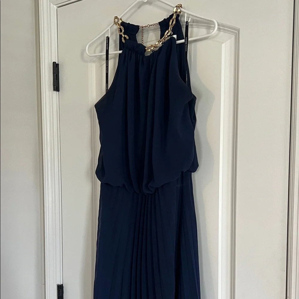 Bisou Bisou Navy Pleated Halter Maxi Dress with Chain Accent - Picture 6 of 10